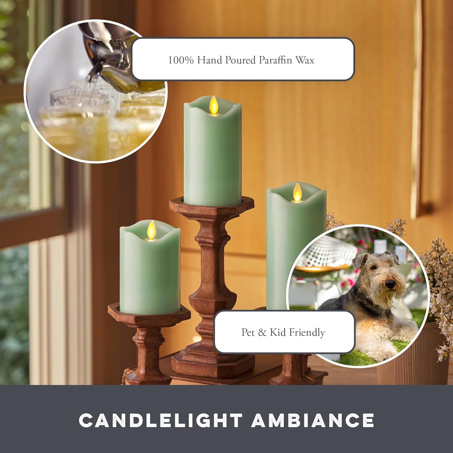 Matchless Candle Co. by Luminara Set of 3 Flameless LED Flickering Moving Flame Pillars (3" x 4.5", 5.5", 6.5"), Melted Unscented Real Wax Edge w/Smooth Finish, AA Battery Operated, Pearl Ivory