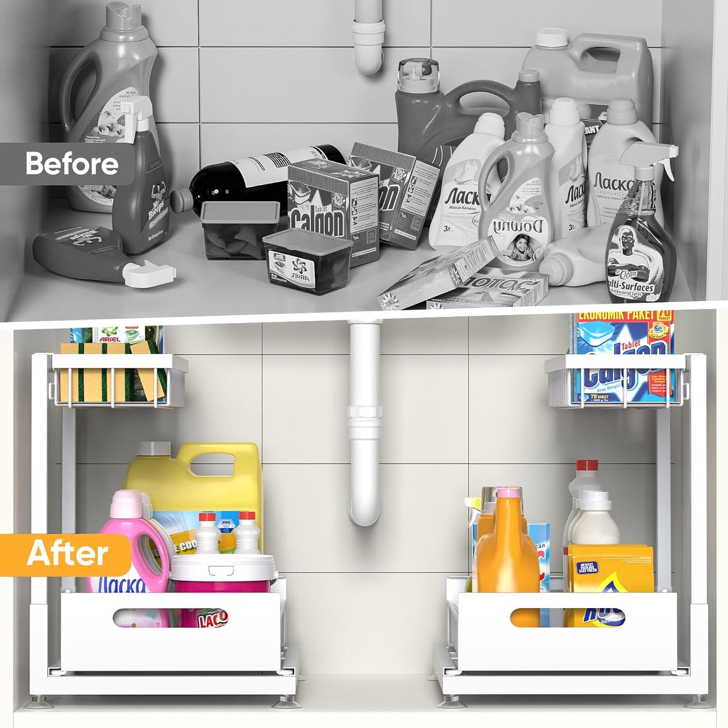 Saydear Under Sink Organizer Storage 2-Tier Premium Metal Pull-Out Kitchen Cabinet Organizer with Sliding Drawer, Height Adjustable, Heavy Duty for Kitchen & Bathroom Organizers 2 Pack Black