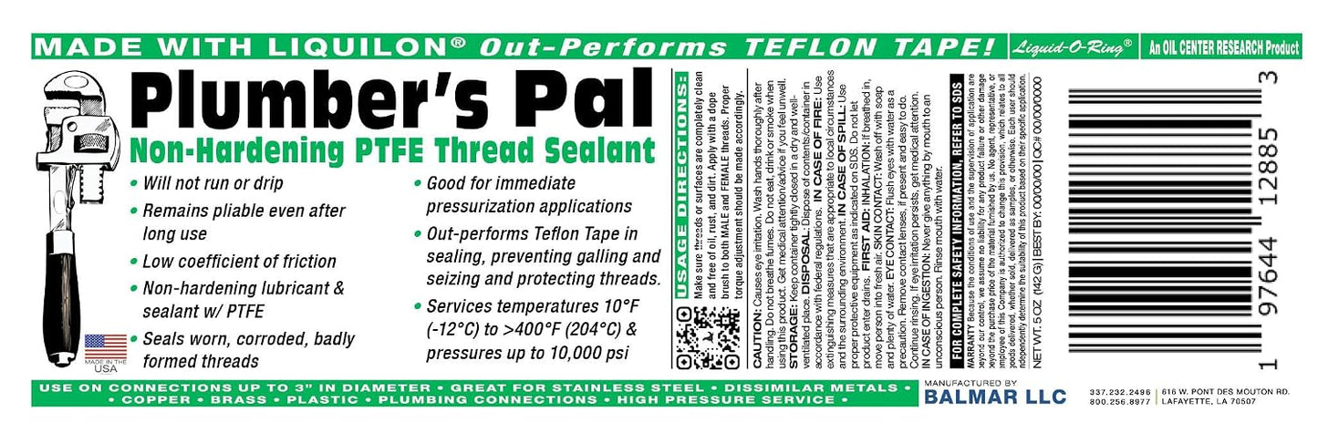 Plumber’s Pal Non-Hardening PTFE Thread Sealant Paste – Seals Worn Metal & Plastic Pipe Threads, High Temp & High Pressure (10,000 PSI), 5oz Brush Top Can, Made in USA