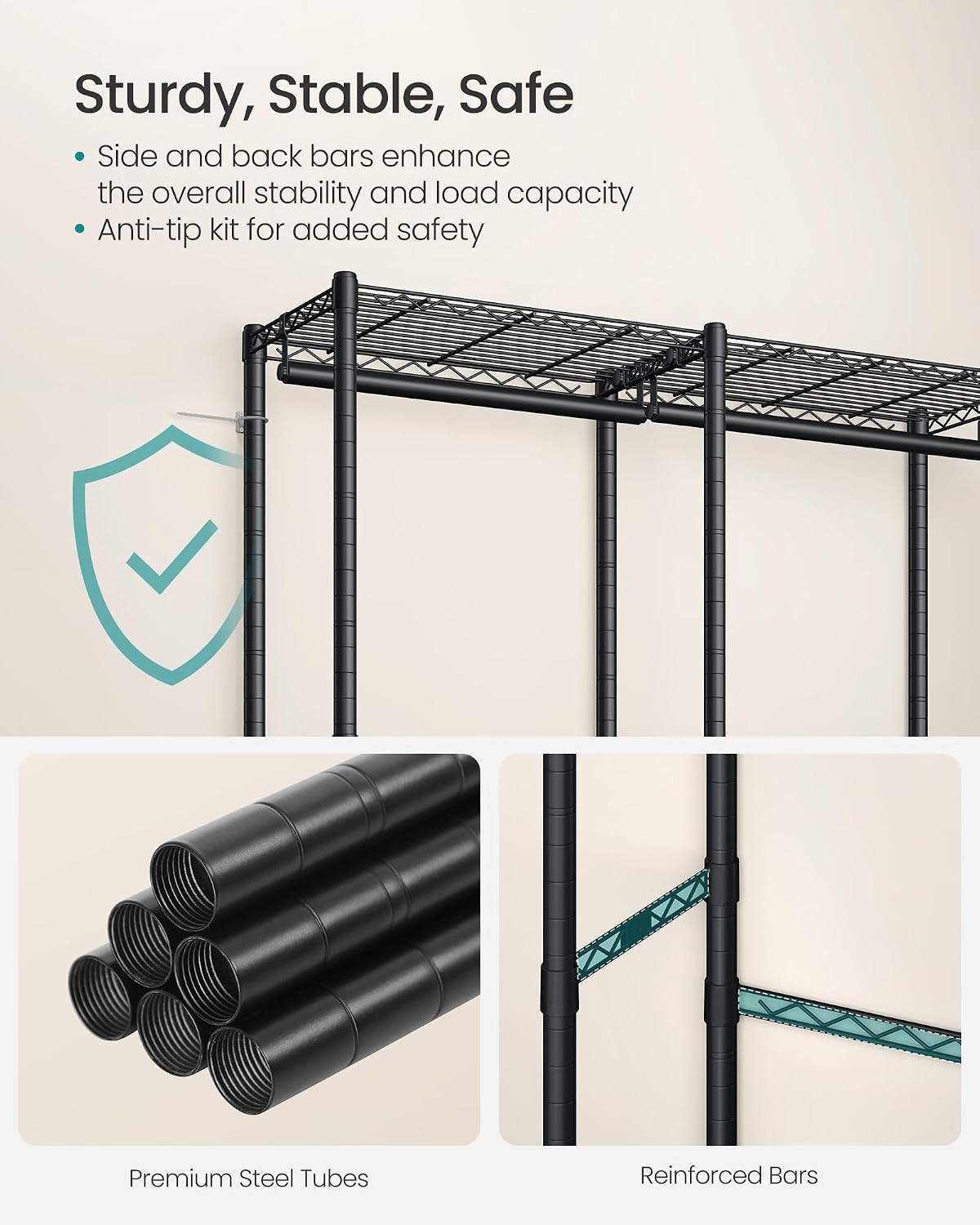 SONGMICS Heavy-Duty Clothes Rack, Garment Rack, Portable Closet, 68.7-Inch Wide Clothing Rack with Adjustable Mesh Shelves and Hanging Rails, Ink Black ULGR433B01