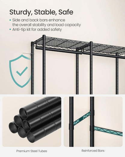 SONGMICS Heavy-Duty Clothes Rack, Garment Rack, Portable Closet, 68.7-Inch Wide Clothing Rack with Adjustable Mesh Shelves and Hanging Rails, Ink Black ULGR433B01