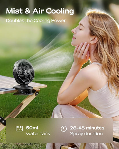 SWEETFULL Portable Misting Clip On Fan, USB-C Rechargeable Mini Personal Cooling Fan with 4 Speeds, 360° Rotatable, Quiet Cooling for Outdoor, Camping, Golf Cart, Travel, Stroller & Desk (Black)