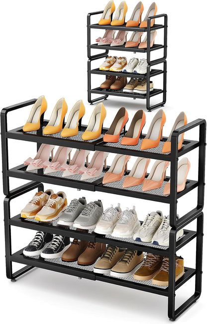 SNTD Shoe Rack - Expandable Shoe Organizer for Closet, Adjustable Metal Shoe Shelf Storage, Stackable Long Shoe Stand Holder for Garage, Entryway, Door Entrance (Black, 2-Tier)
