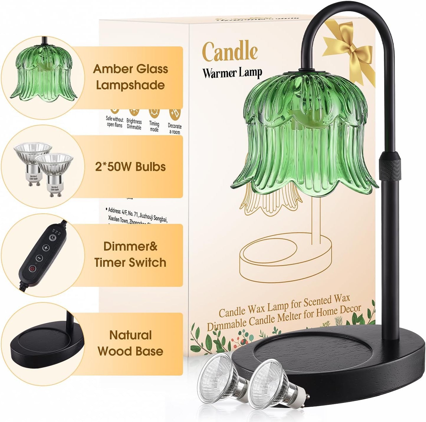 Candle Warmer Lamp Adjustable Timer - Electric Flower Glass Candles Warmers Adjustable Height Dimmable Vintage Base Modern Wax Candles Top Warmers for Small Jar Scented Wax Melts