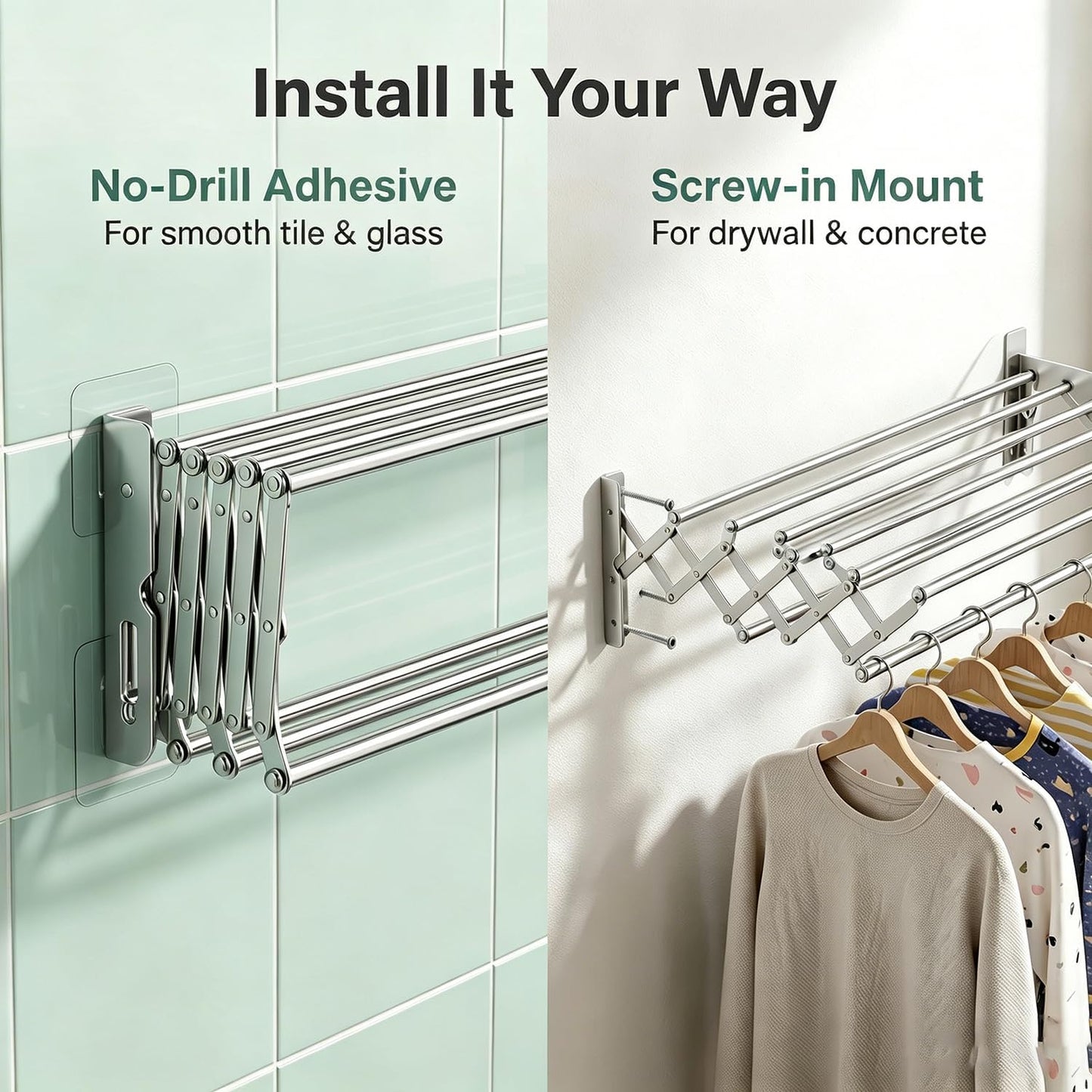 PureBox Wall Mount Drying Rack for Laundry Room, Retractable Stainless Steel Towel Bar, Collapsible Accordion Clothes Dryer, Space Saving Wall Mounted Laundry Rack for Bathroom, Balcony & RV