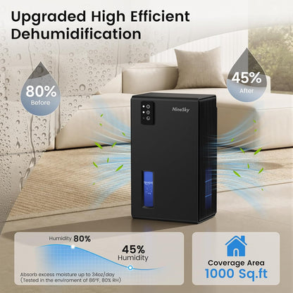 NineSky Dehumidifiers for Home, 1000 Sq.Ft Dehumidifier with 95oz Water Tank, Quiet Dehumidifier for Basement Bathroom Bedroom with 7-Color Ambient Light & Auto Shut Off, Sliver
