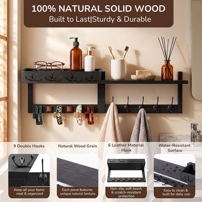 Wooden Key Holder Wall Mount with Shelf, Wall Key Rack and Mail Holder with 9 Key Hooks and 6 Sunglasses Holders, Farmhouse Key Hanger for Entryway Living Room Bedroom, Black