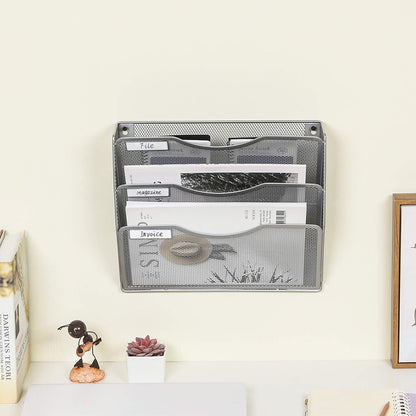 EasyPAG 5 Pocket Mesh Wall File Organizer with Key Hooks, Hanging Paper Folder Holder with Classify Label, Vertical Wall Mount Mail Organizer for Office Home Classroom, Black