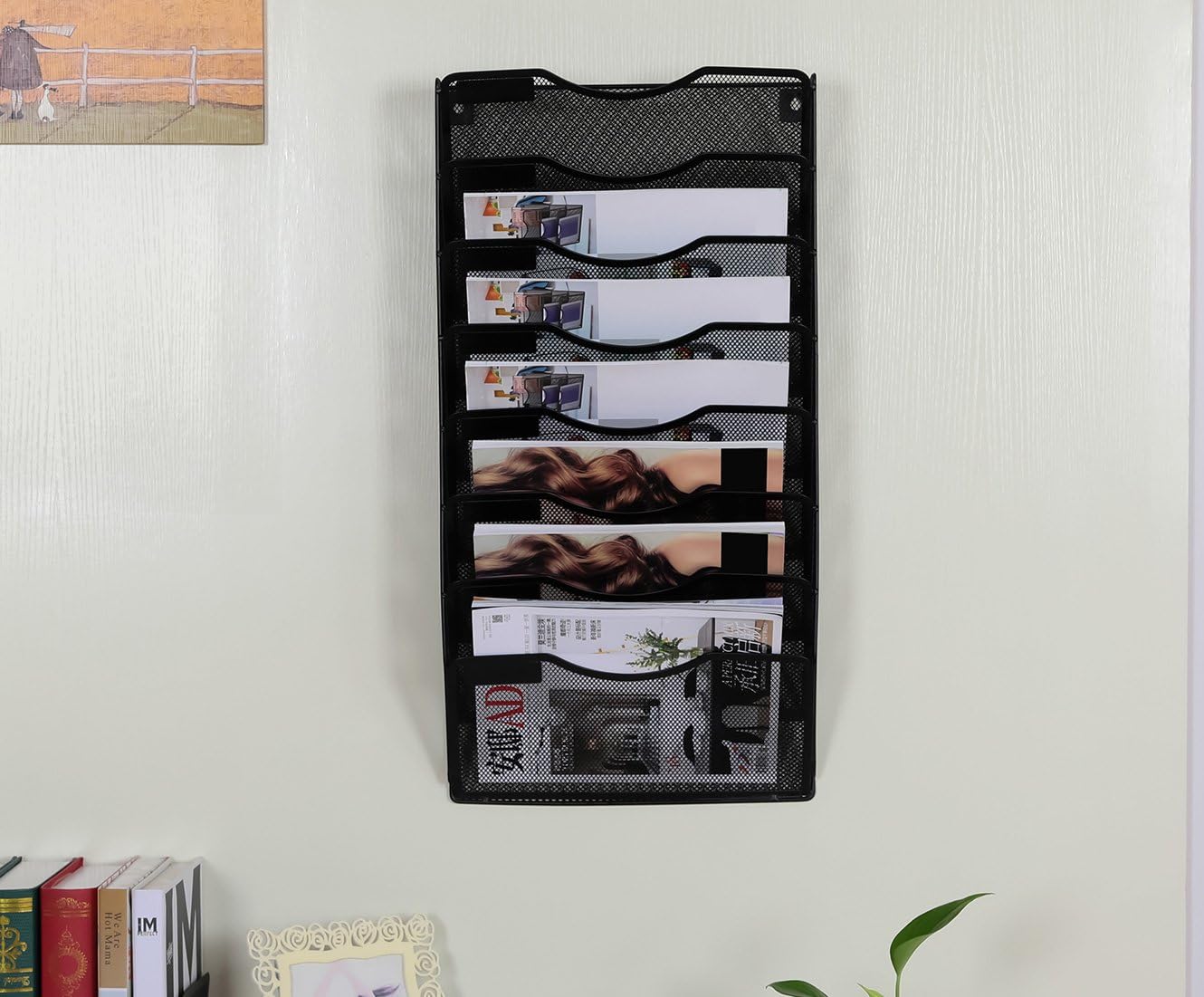 EasyPAG 5 Pocket Mesh Wall File Organizer with Key Hooks, Hanging Paper Folder Holder with Classify Label, Vertical Wall Mount Mail Organizer for Office Home Classroom, Black