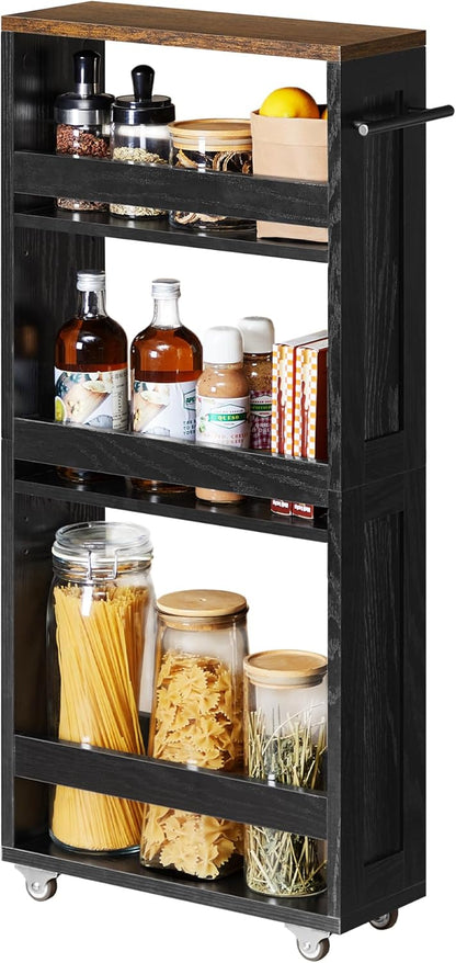 VASAGLE 4-Tier Slide-Out Storage Cart, Slim Kitchen Cart for Small Spaces, with Wheels, Handle, Bathroom, Laundry Room, 5.9 x 17 x 34.1 Inches, Rustic White and Honey Brown ULRC050K01