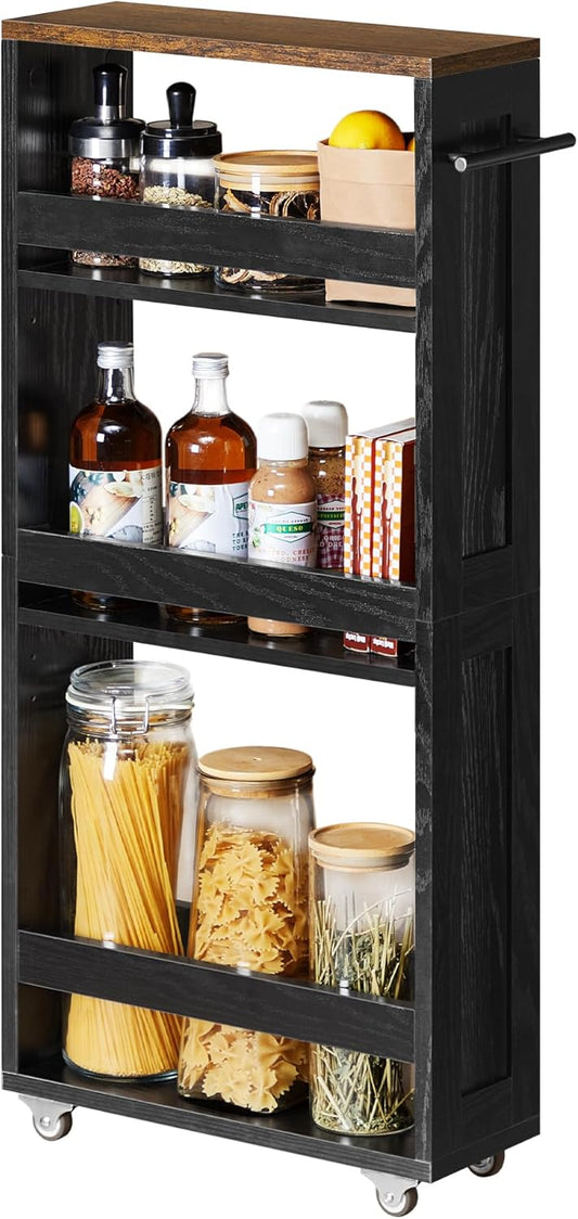 VASAGLE 4-Tier Slide-Out Storage Cart, Slim Kitchen Cart for Small Spaces, with Wheels, Handle, Bathroom, Laundry Room, 5.9 x 17 x 34.1 Inches, Rustic White and Honey Brown ULRC050K01