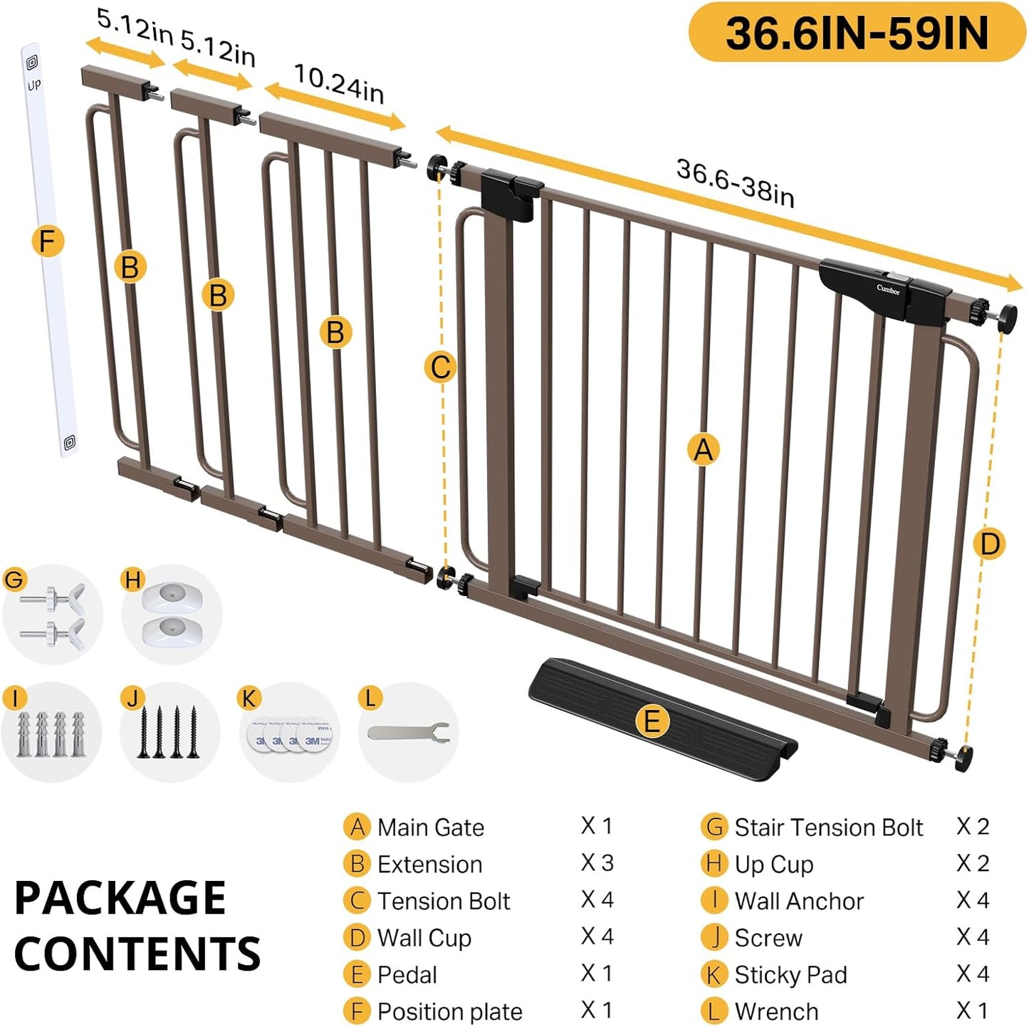 Cumbor 29.7-48" Baby Gate for Stairs, Mom's Choice Awards Winner-Dog Gate for Doorways, Auto Close Safety Pet Gate for Dogs Indoor, Easy Install Pressure Mounted Child Gate with Walk Thru Door, Brown