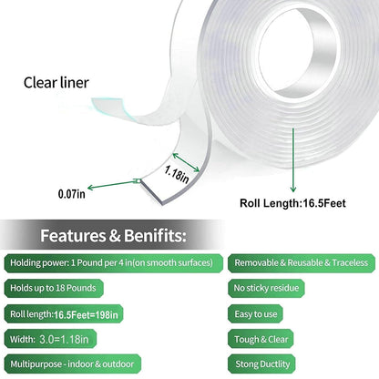 Jwxstore Extra Large Double Sided Tape Heavy Duty Removable 0.79 Inch x 196 Inch, Clear & Tough Nano Tape, Multipurpose Mounting Tape Picture Hanging Strips Adhesive for Carpet Poster