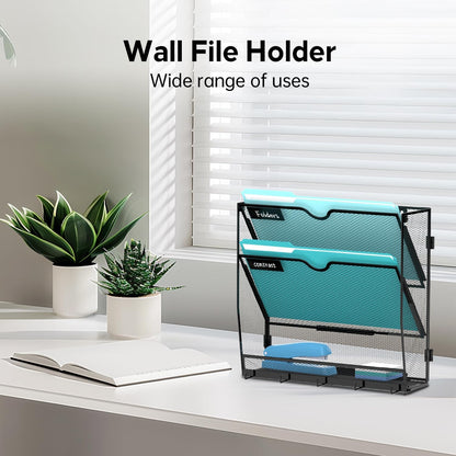 5 Tier Wall File Organizer - Hanging File Organizer with 5 Hooks, Mail Holder Wall Mounted for Papers, Folders, Magazines, Bills, Office&School Organization, Black
