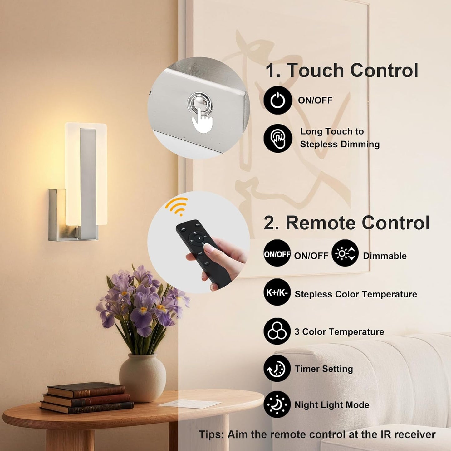 KARTOOSH Rechargeable Wireless Wall Sconces,Battery Operated Modern Wall Light Set of Two with Remote Control,Dimmable,3000K/4000K/6000K,Timer,Cordless Lighting for Hallway,Bedroom,Living Room Black