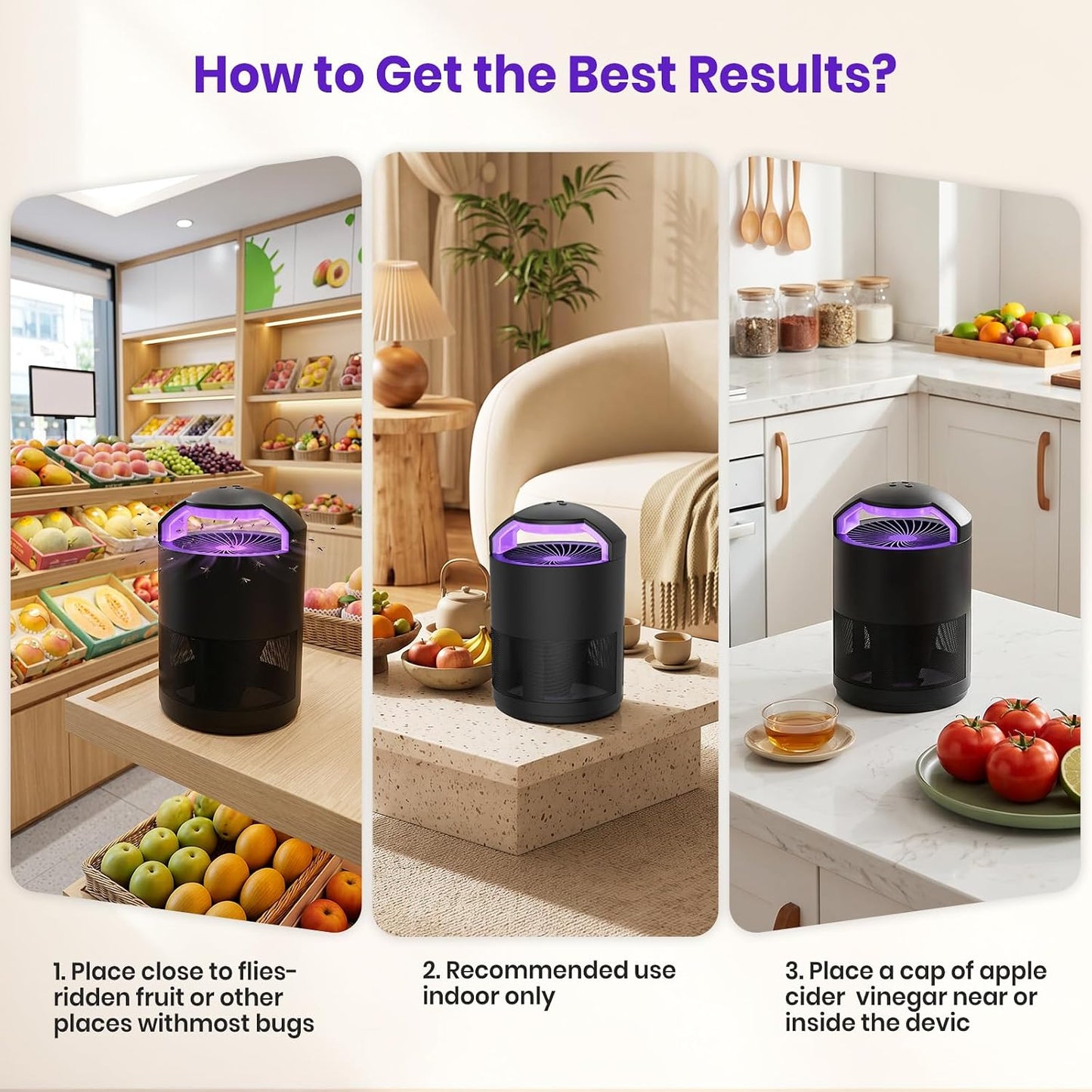 Fruit Fly Traps for Indoors, Catcher & Killer, Indoor Insect Trap | Upgraded Purple Light, Odorless & Quiet, 3-Speed Fan Suction for Gnats & Mosquitoes in Kitchen, Home, and Plants