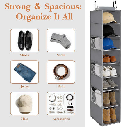 Hanging Shoe Organizer for Closet with 8 Shelves,Mesh Pockets-Wider Hanging Shelves for Shoes,Clothes,Hats with Sturdy Bamboo-Supported Design (Beige)