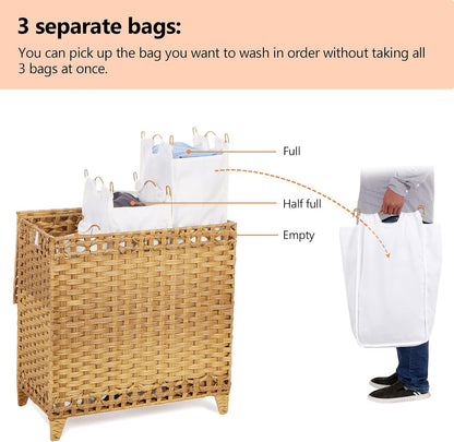 Laundry Hamper with 3 Removable Liner Bags; 132L Handwoven Rattan Laundry Basket with Lid & Heightened Feet; Clothes Hamper with Side Handles; Laundry Sorter with 3 Separate Sections