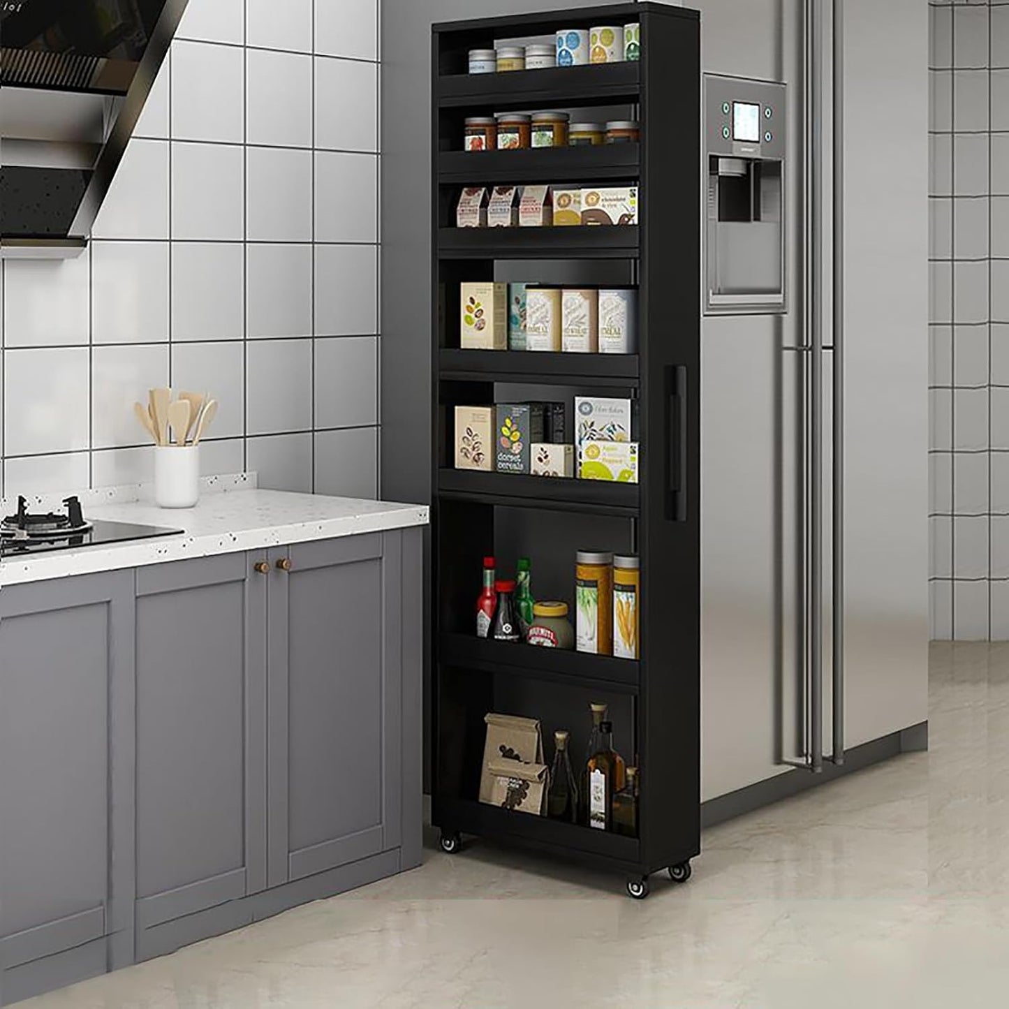 Slim Storage Cart,7 Tier Standing-Shelf with Wheels,Narrow Pantry Organizer for Small Spaces, Mobile Gap Storage Shelf for Kitchen, Laundry Room, Bathroom