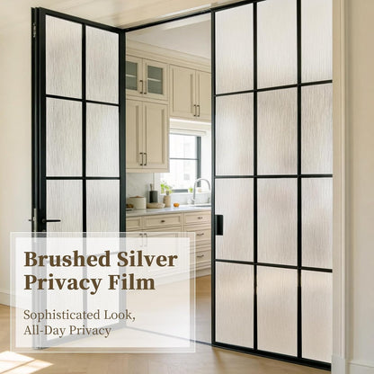 Frosted Window Privacy Film - Brushed Silver Static Cling Glass Film for Bathroom, Day and Night Door Privacy Film Window Cover to Stop Dog Barking, 17.5x78.7 Inch, Pure