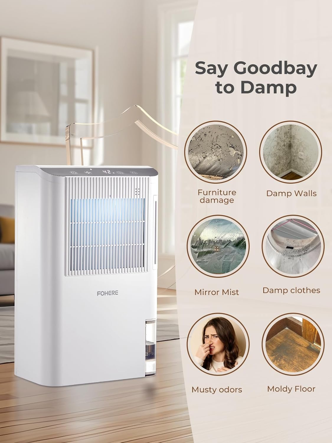 FOHERE Dehumidifier for Basement & RV, Works at 41°F, 30dB Whisper Quiet, 2000 Sq.Ft Coverage, 85oz Tank & Drain Hose, 99.97% HEPA Filtration, Auto Shut-Off, for Bedroom Bathroom Closet