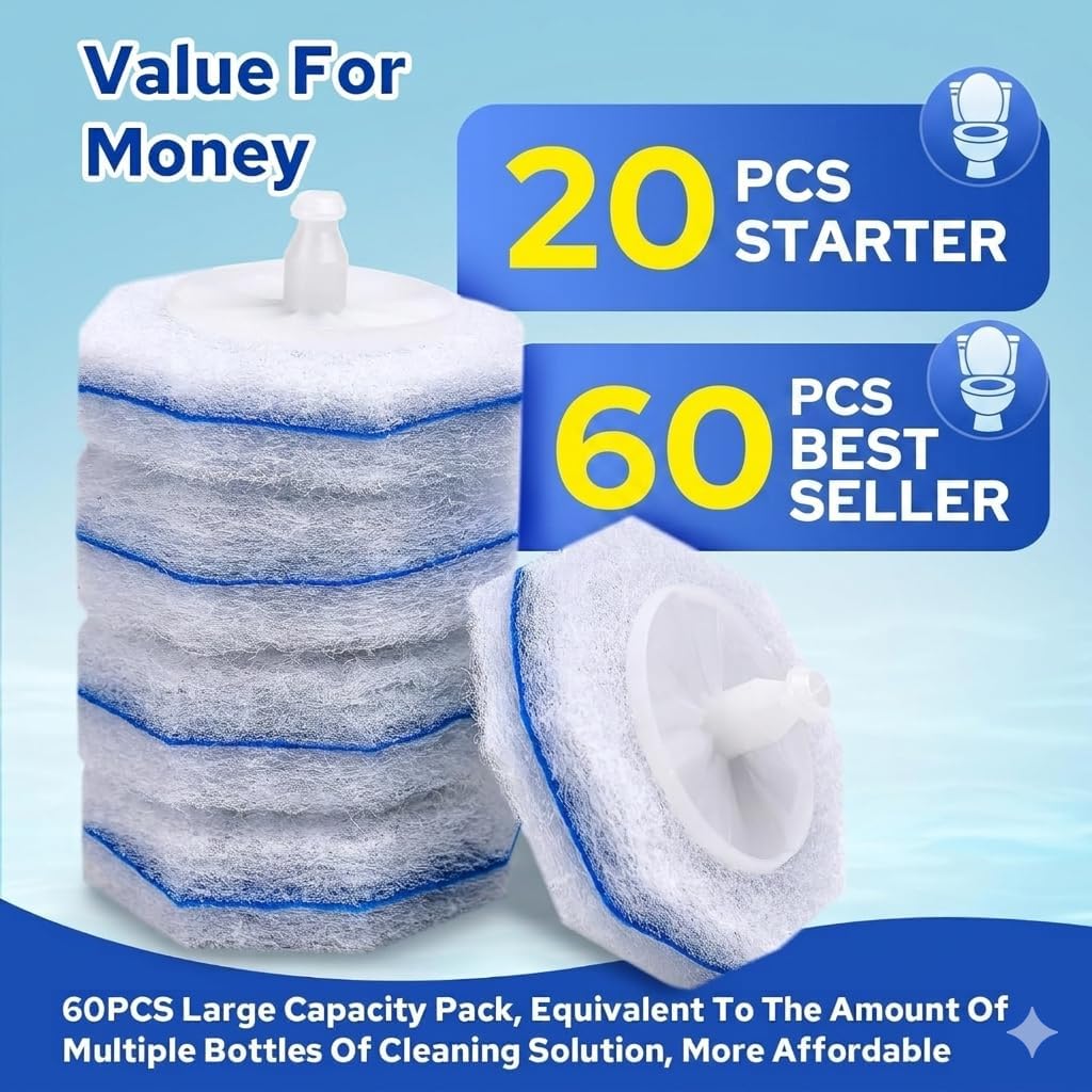 60pcs Disposable Toilet Brush Refills, Toilet Bowl Cleaner Refill Pads, Compatible with Most Toilet Cleaning Wands & Systems, Disposable Scrubber Refill Heads for Deep Bathroom Cleaning