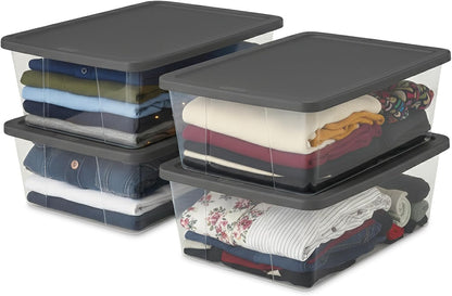 HOMZ 2-Pack Snaplock, Small Clear Plastic Storage Organizer Bins w/ Lids, 28 Quart, Gray - Stackable Container Boxes for Bedroom, Bathroom, Garage, and Office Organization