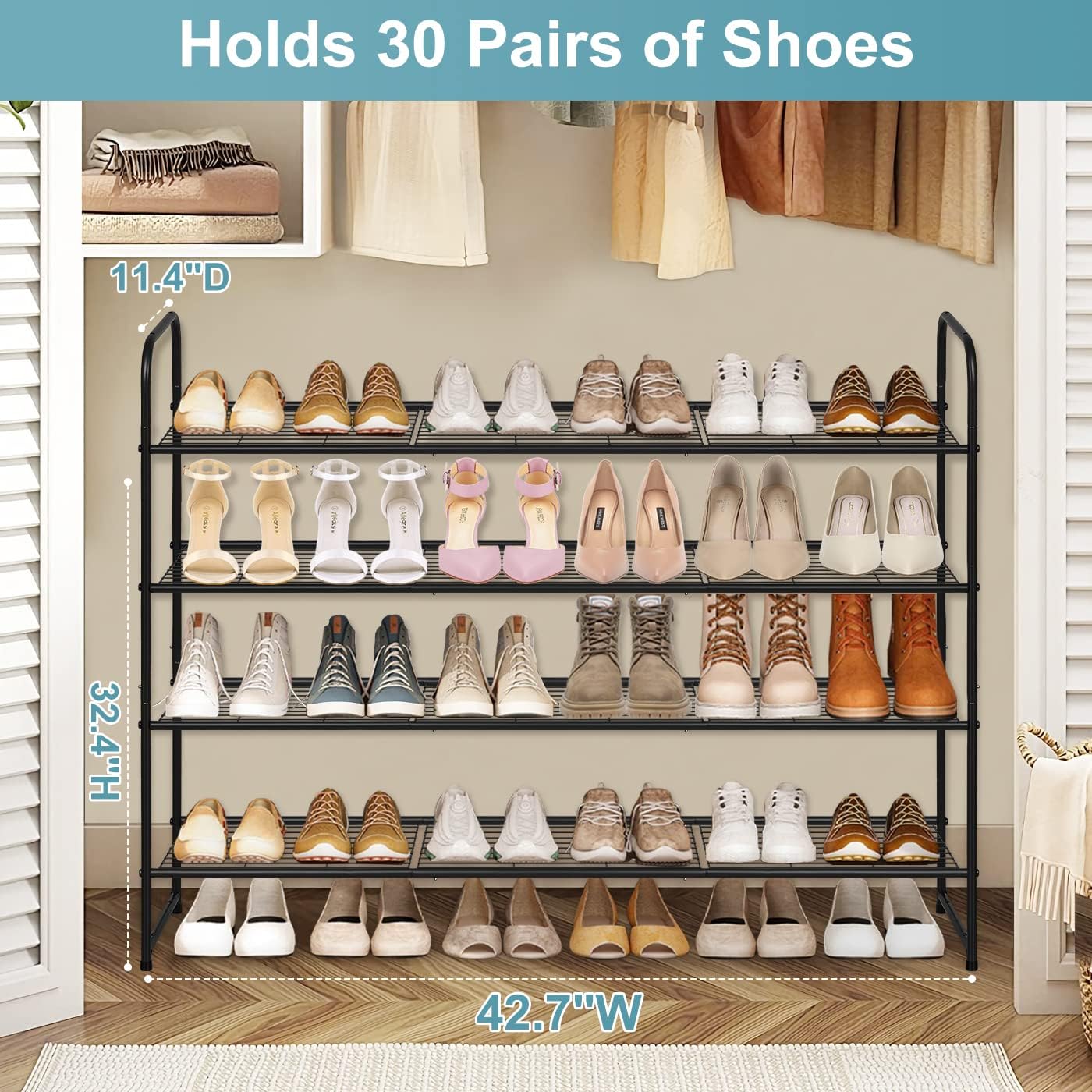 AOODA Long 3 Tier Metal Shoe Rack for Closet Wide Stackable Shoe Storage Organizer for Entryway, Bedroom, Floor, 24-Pairs Men Sneakers Shoe Shelf with Wire Grid, Black