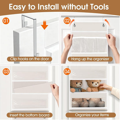 WISELIFE Over The Door Organizer Storage with 4 Large Pockets Door Hanging Organizer with Clear Windows behind The Door Storage for Nursery Bedroom Bathroom Pantry Closet and Baby Essentials Dark Grey