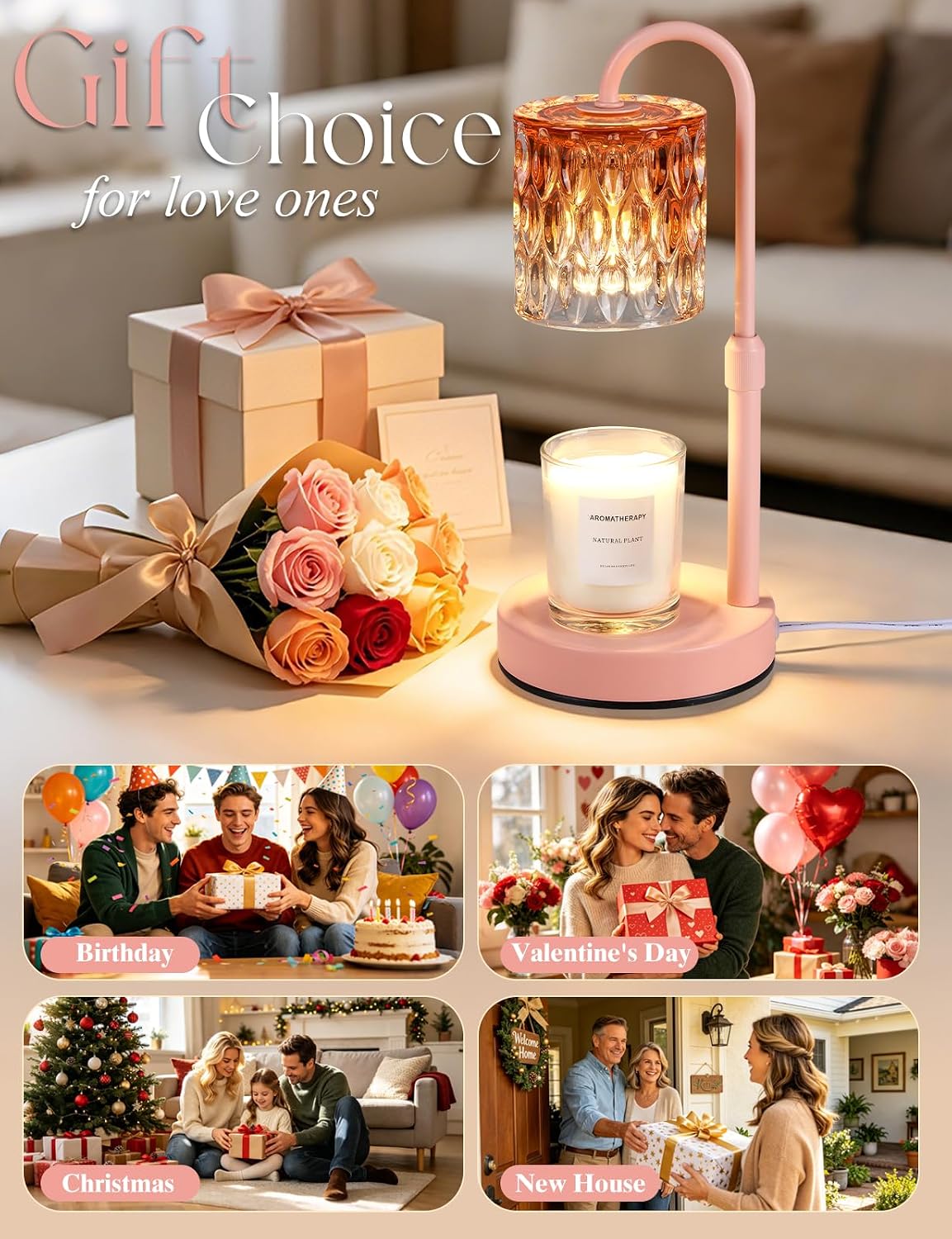 Briever Dimmable Candle Warmer Lamp with Timer, Height Adjustable Electric Candle Wax Warmer, Christmas Birthday Gifts for Women Mom, House Warming Gifts New Home Room Decor, Walnut Solid Wood Base