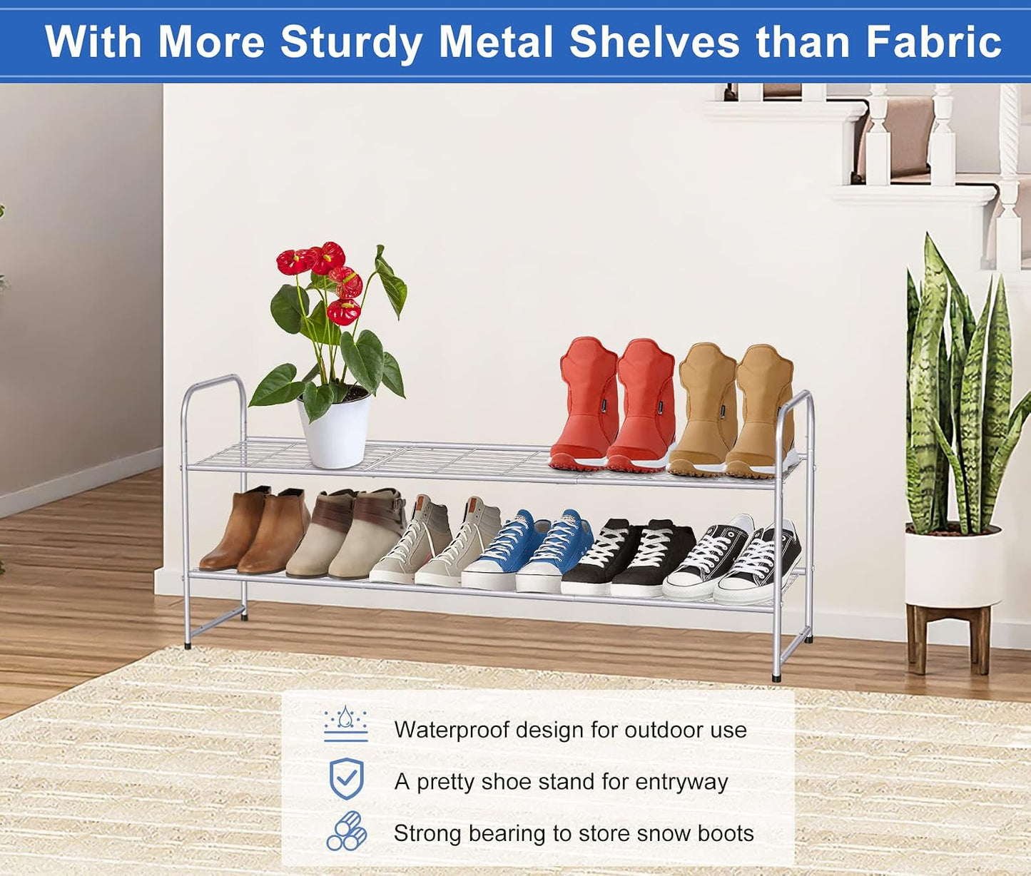 KEETDY 3-Tier Long Shoe Rack for Closet Metal Shoe Organizer for Entryway, Wide Stackable Shoe Storage Shelf with Sturdy Wire Grid for Closet Floor, Bedroom, Black