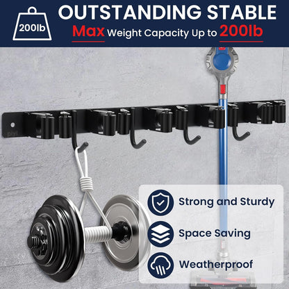 Broom Mop Holder Wall Mount Broom Hanger Wall Mounted Metal Organization Garage Storage Garden Kitchen Tool Organizer With 4 Racks and 5 Hooks (Silver, 1 Pack 3R4H)…