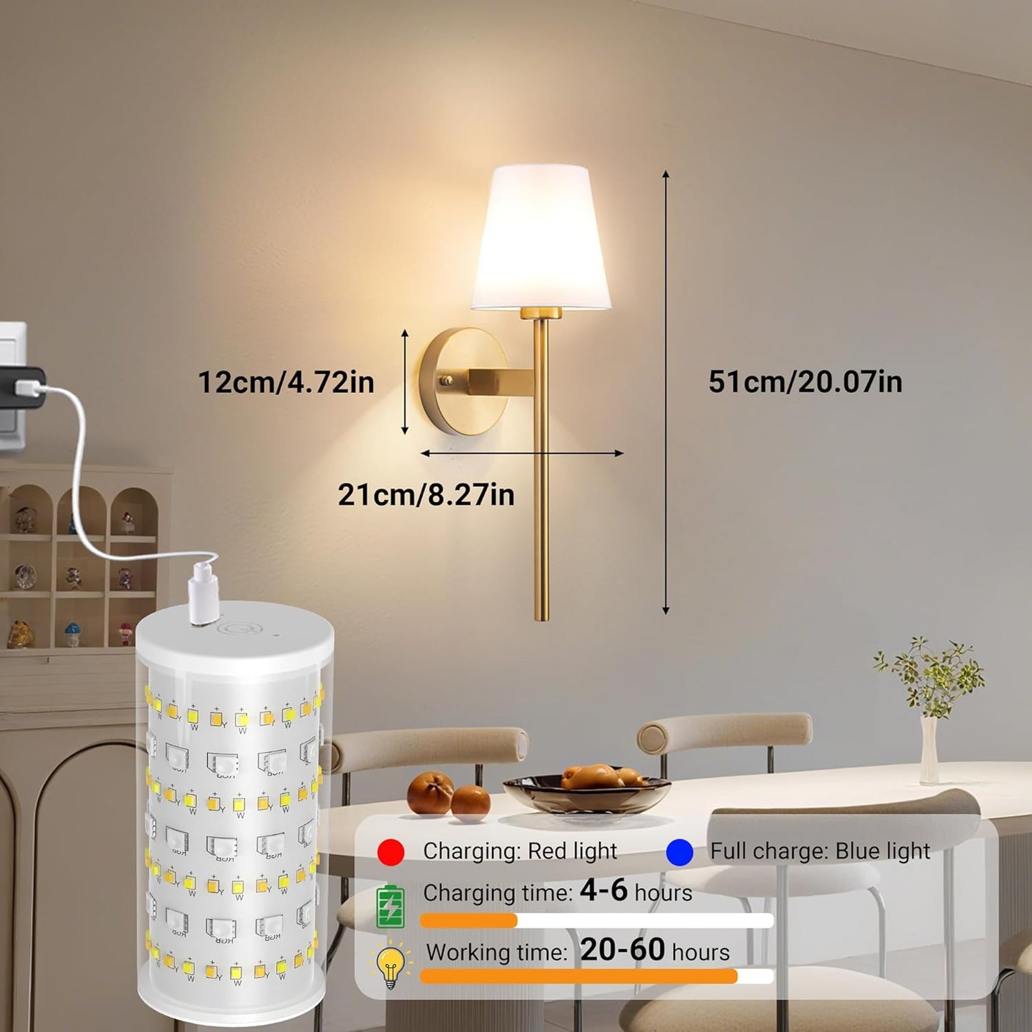 Nekhung Battery Operated Wall Sconces Set of Two, Wireless Battery Wall Light with 10000mAh RGB Dimmable Magnetic Bulb and Remote, Rechargeable Sconce Wall Decor for Bedroom Living Room Hallway