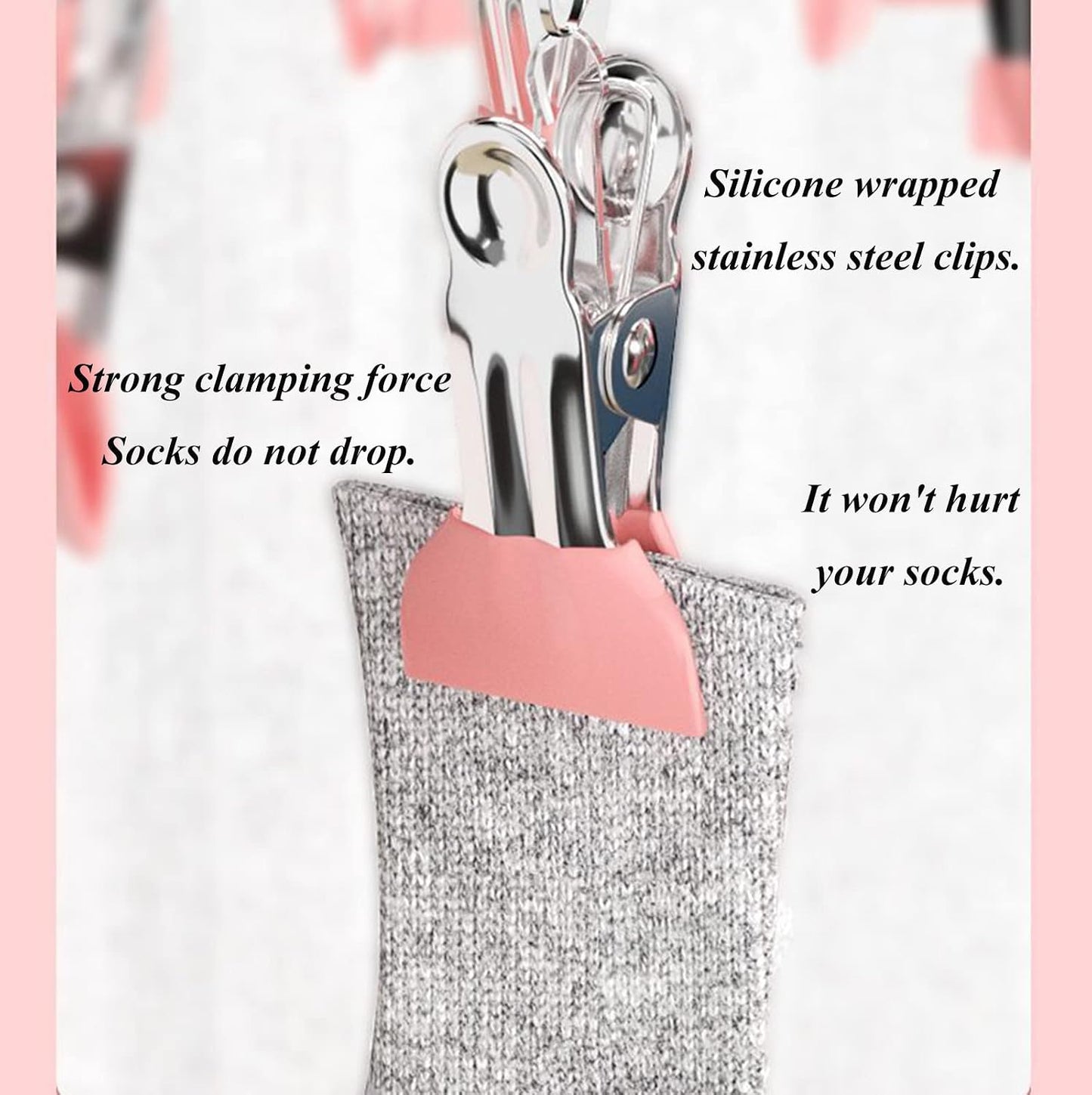 Stainless Steel Clothes Sock Drying Rack with 24 Clips, Swivel Hook Windproof Clothes Hanger Rack for Sock, Bras, Towel, Underwear, Laundry Clothes, Hat, Scarf, Pants, Gloves (Pink Clips)