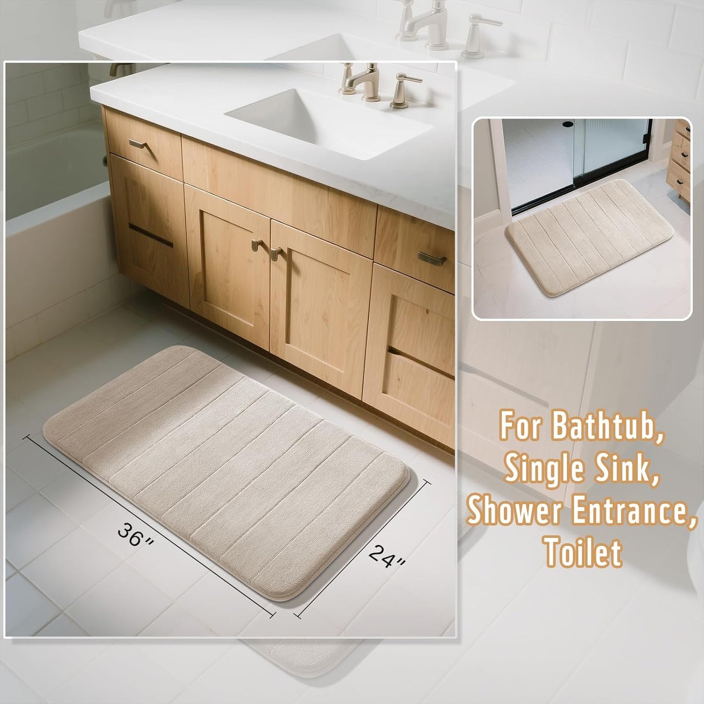 Yimobra Memory Foam Bath Mat, Super Soft Absorbent Bathroom Rug Non Slip, Quick Dry, Machine Washable Floor Carpet for Tub Shower, Home Decor Accessories, 24x17, Grey