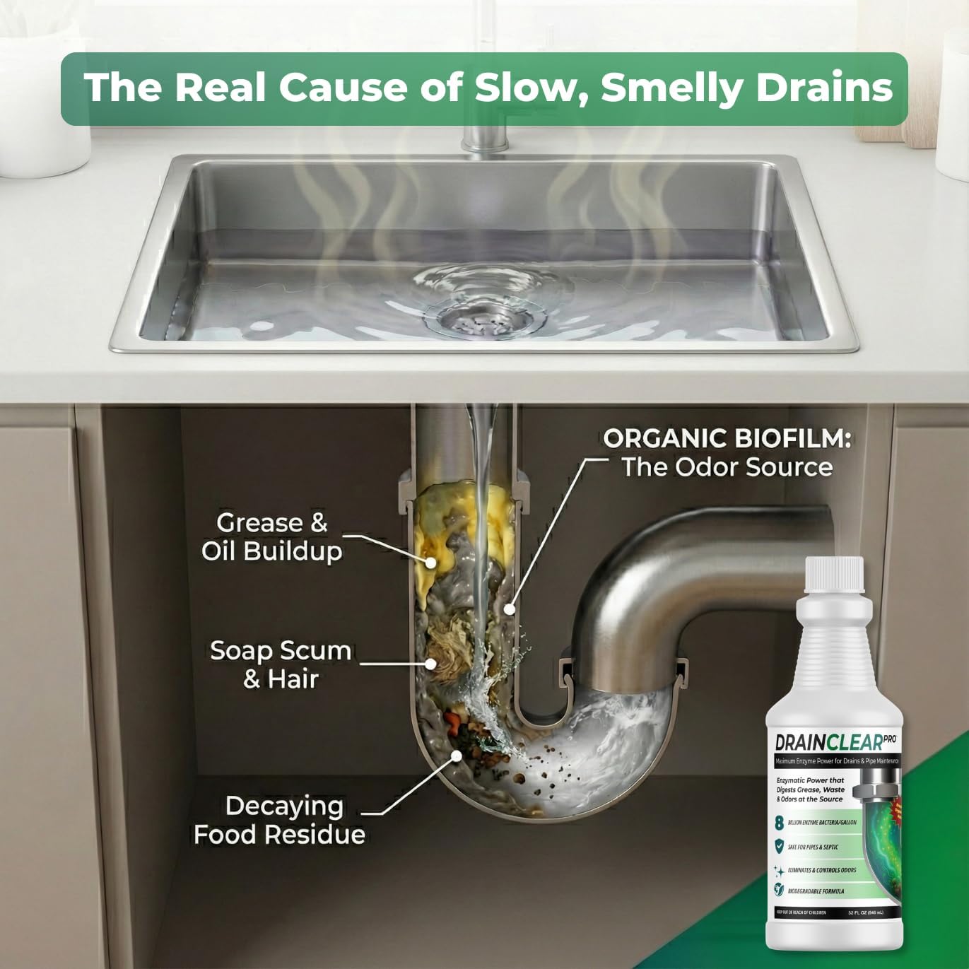 DrainClear Pro Enzyme Drain Cleaner 32oz - Enzymatic Liquid Hair and Grease Clog Remover, Kitchen Sink, Bathroom, and Shower Drain Cleaner, Pipe Maintainer, Septic Safe Enzyme Cleaner and Treatment