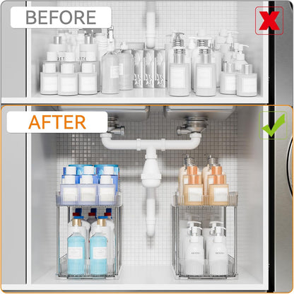 2 Pack 3 Tier Large Pull Out Bathroom Organizers and Storage,13.8″ Deep Sliding Kitchen Under Sink Organizer for Cleaning Products Storage,Acrylic Clear Bathroom inder Sink Organizer,Undersink Storage