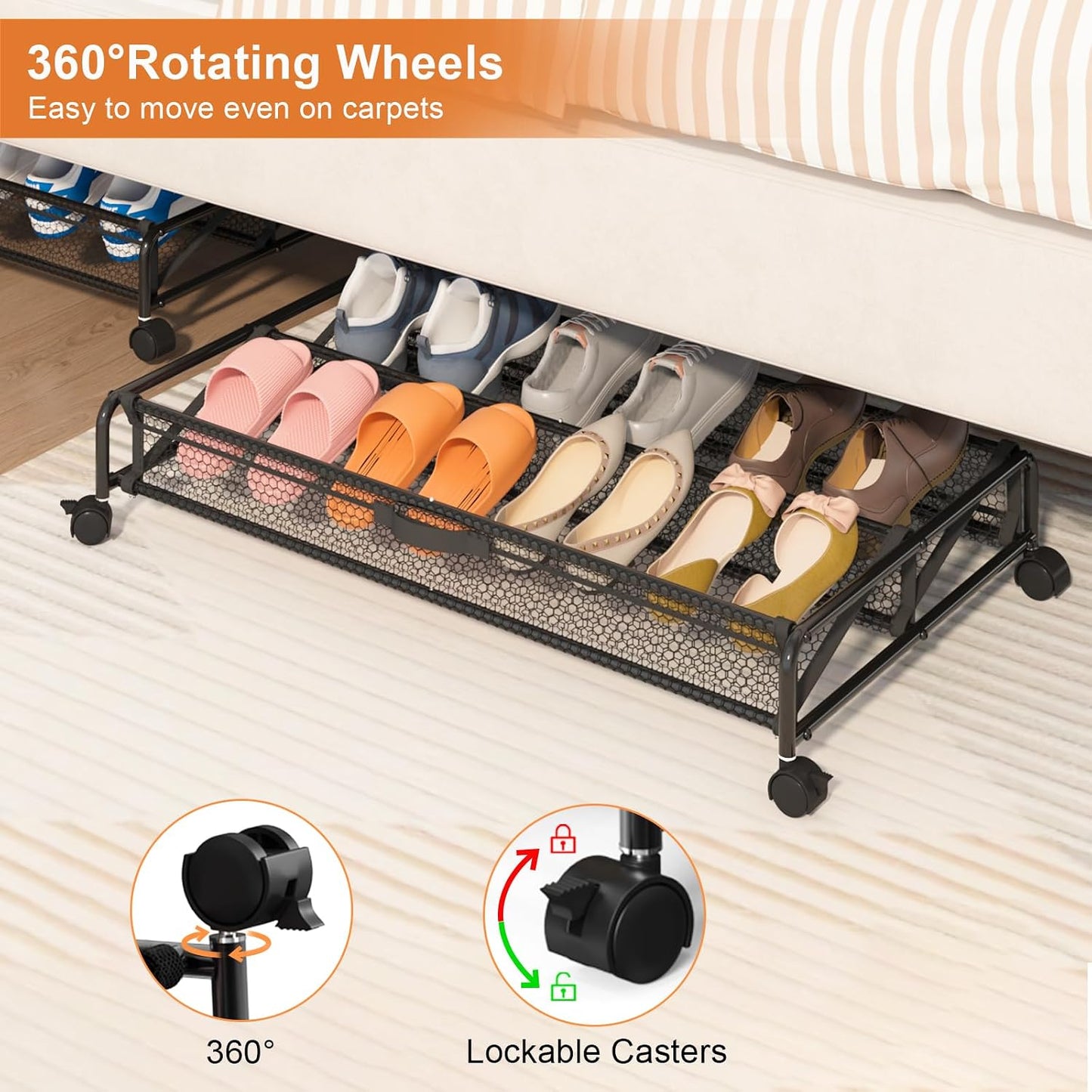 Under Bed Shoe Storage Organizer, Rolling Under Bed Storage Containers with Wheels, Under Bed Shoe Organizer Drawer Space Saving for bedroom