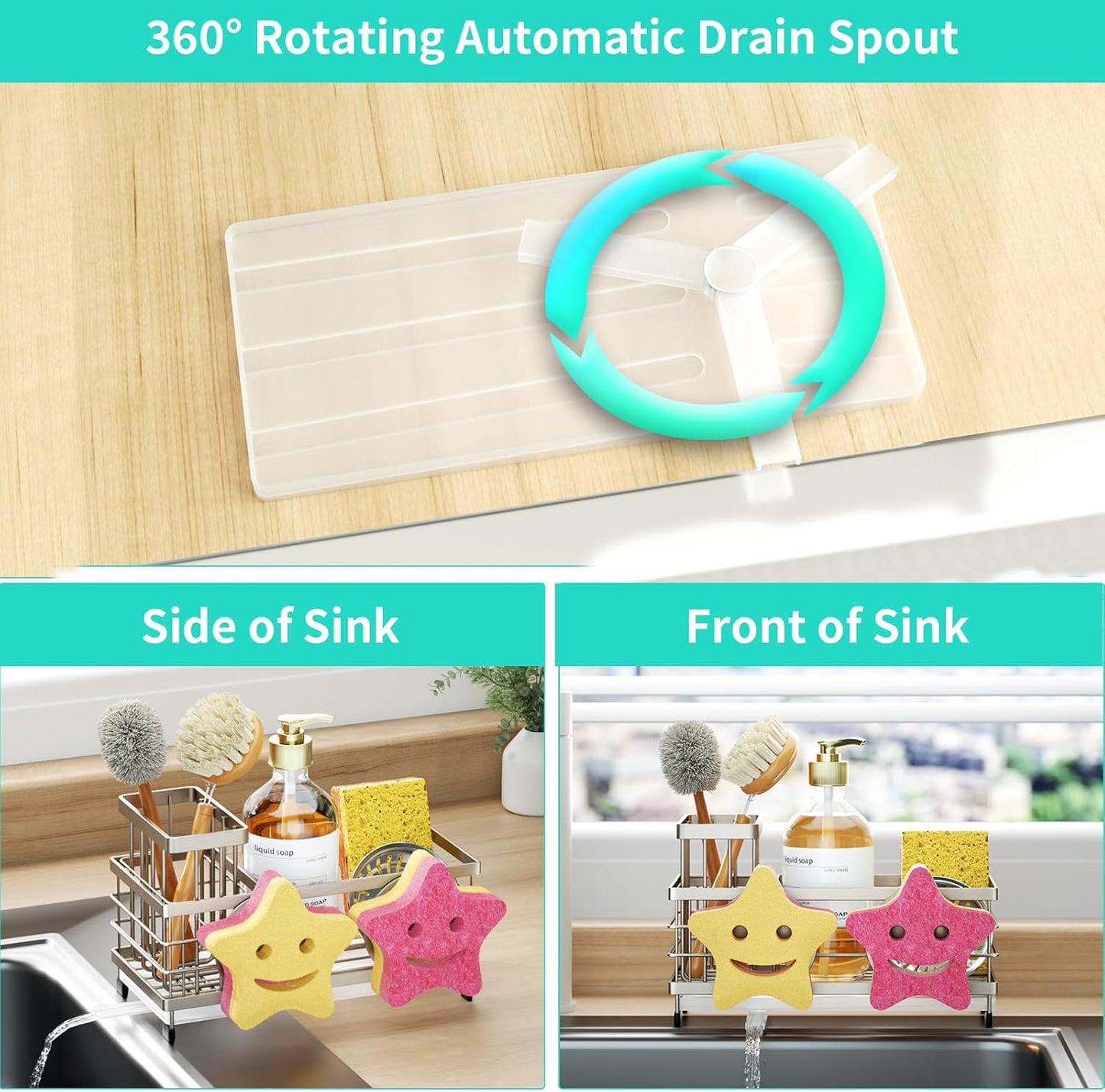 HapiRm Sponge Holder for Kitchen Sink - Self-draining Sink Caddy with Brush and Dishcloth Holders, Stainless Steel Kitchen Countertop Organizers and Storage Essentials - Black