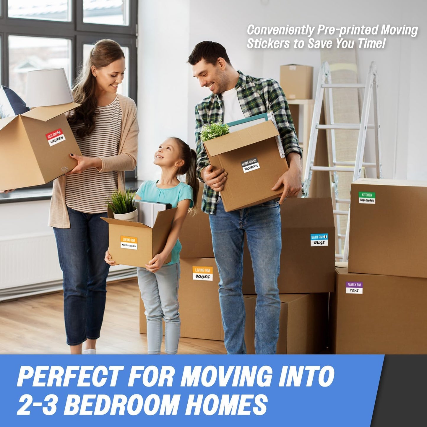 Moving Labels (3 x 2 inch, 300 per Pack) Ideal for 1-2 Bedroom Homes - 10x Designs of Color-Coded Moving Stickers w/Write-in Area, Fragile, Heavy & Blank Labels