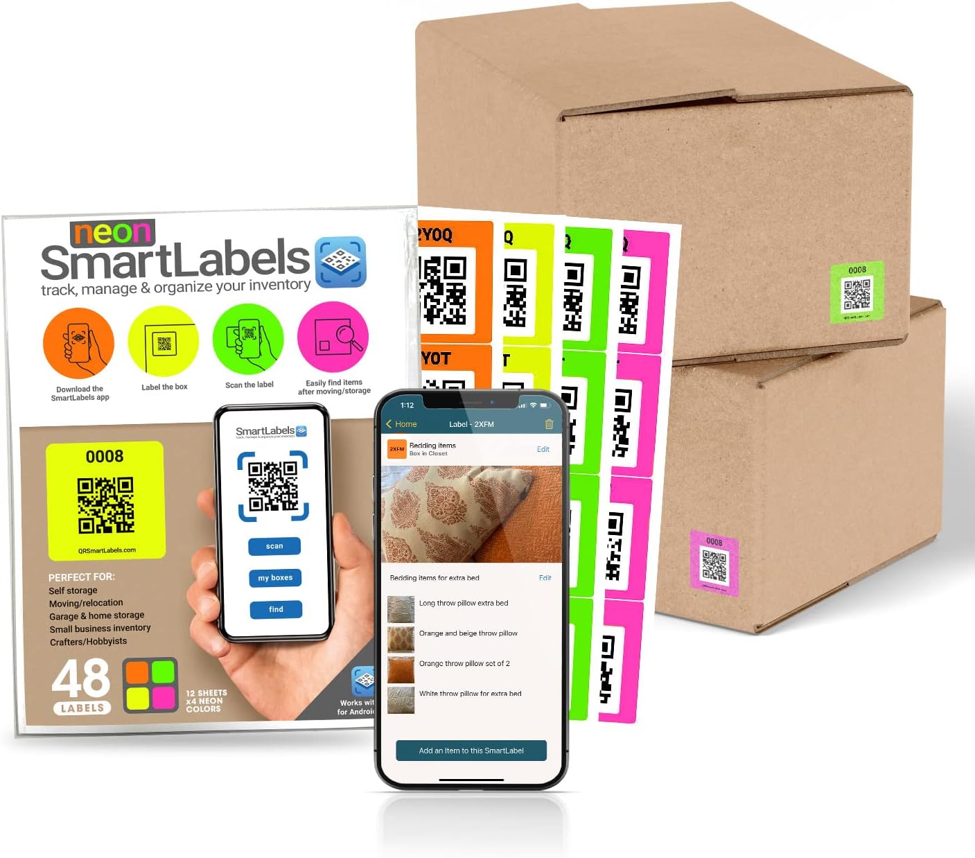 Smart Labels QR Code Stickers with AI Photo Analysis App - Auto-Creates Item Descriptions - No Typing - Made in USA - QR Code Labels for Storage & Inventory Tracking, Organization & Moving, Pack of 48