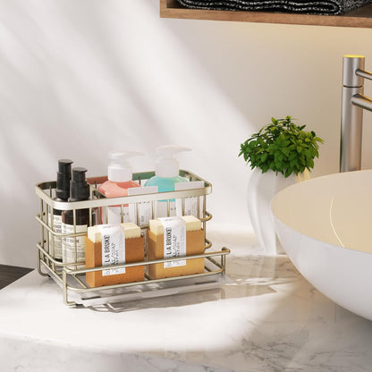 HapiRm Kitchen Sink Organizer, SUS304 Stainless Steel Rustproof Multifunctional Large Sink Caddy with Sponge Holder and Drain Tray for Kitchen Countertop (Silver)