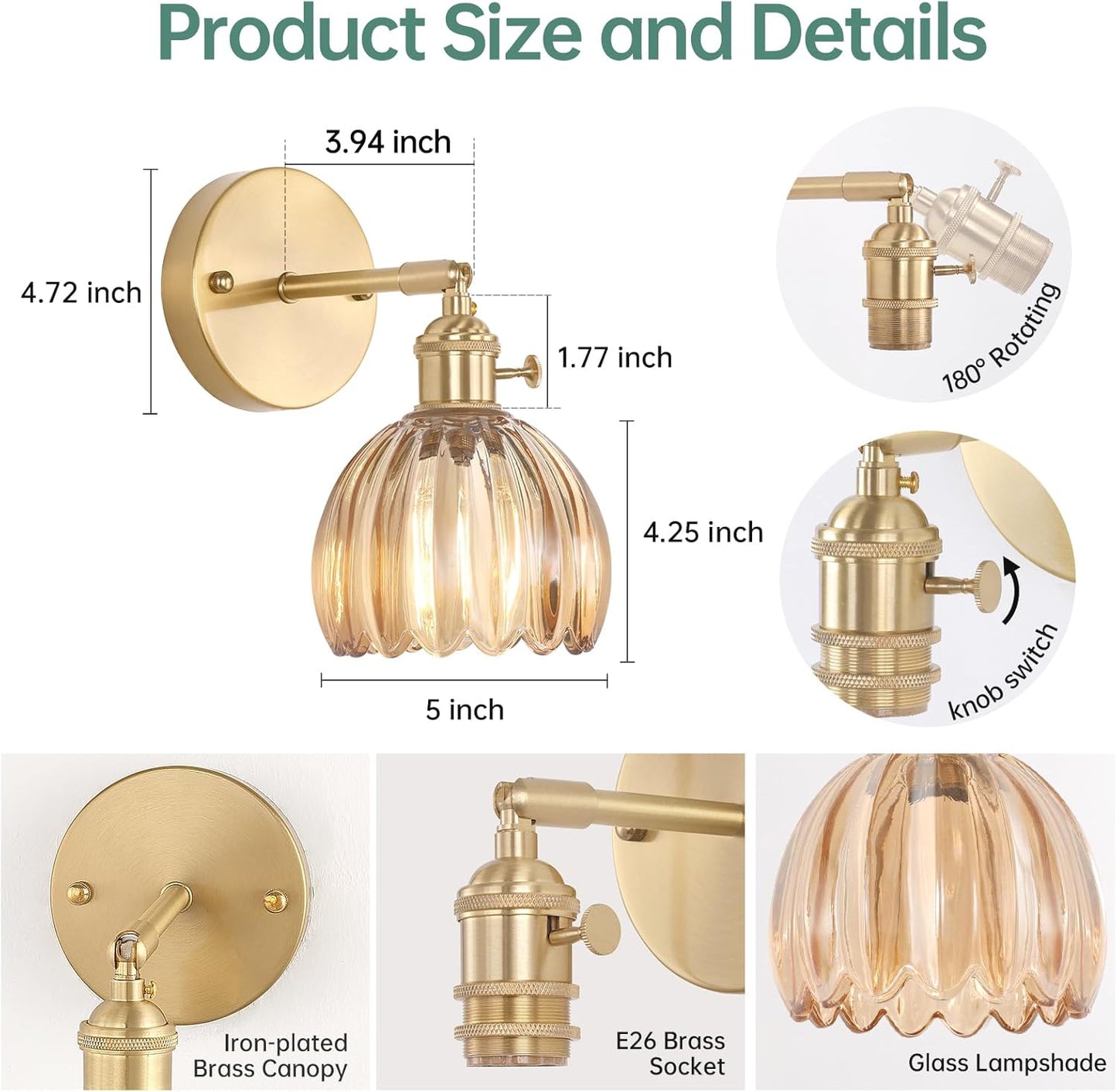Shenmoyl Vintage Battery Operated Wall Sconce with Transparent Tulip Glass Lampshade Rechargeable Battery Powered Wall Light with Remote Control for Bedside Bedroom Doorway, Set of 2