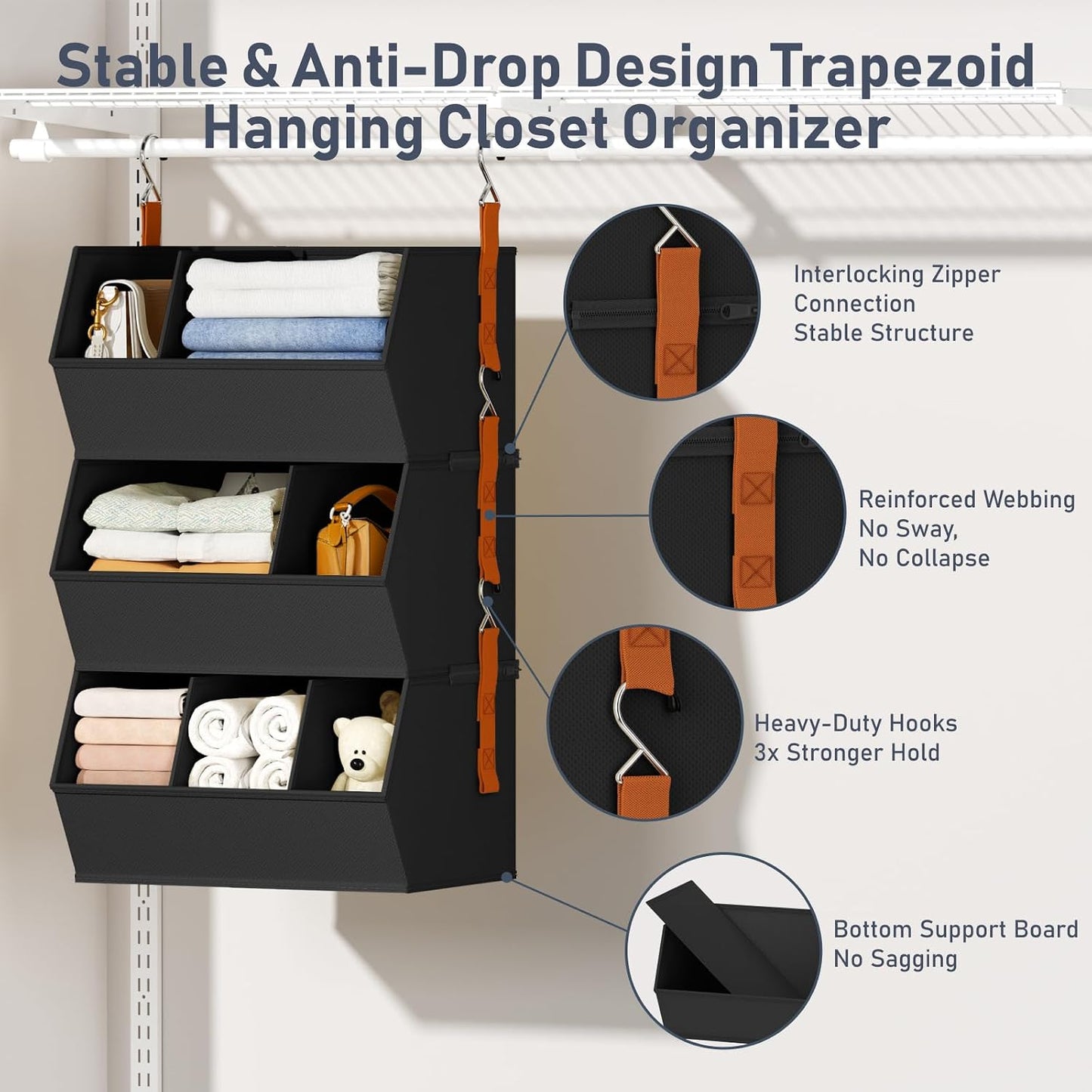 Hanging Closet Organizer Extra Large, Clothes Hanging Shelves for Closet with Divider, Collapsible Closet Storage System, Fabric Closet Hanging Organizer for Home, Dorm, Rv, ,Handbags, Underwear, Sock