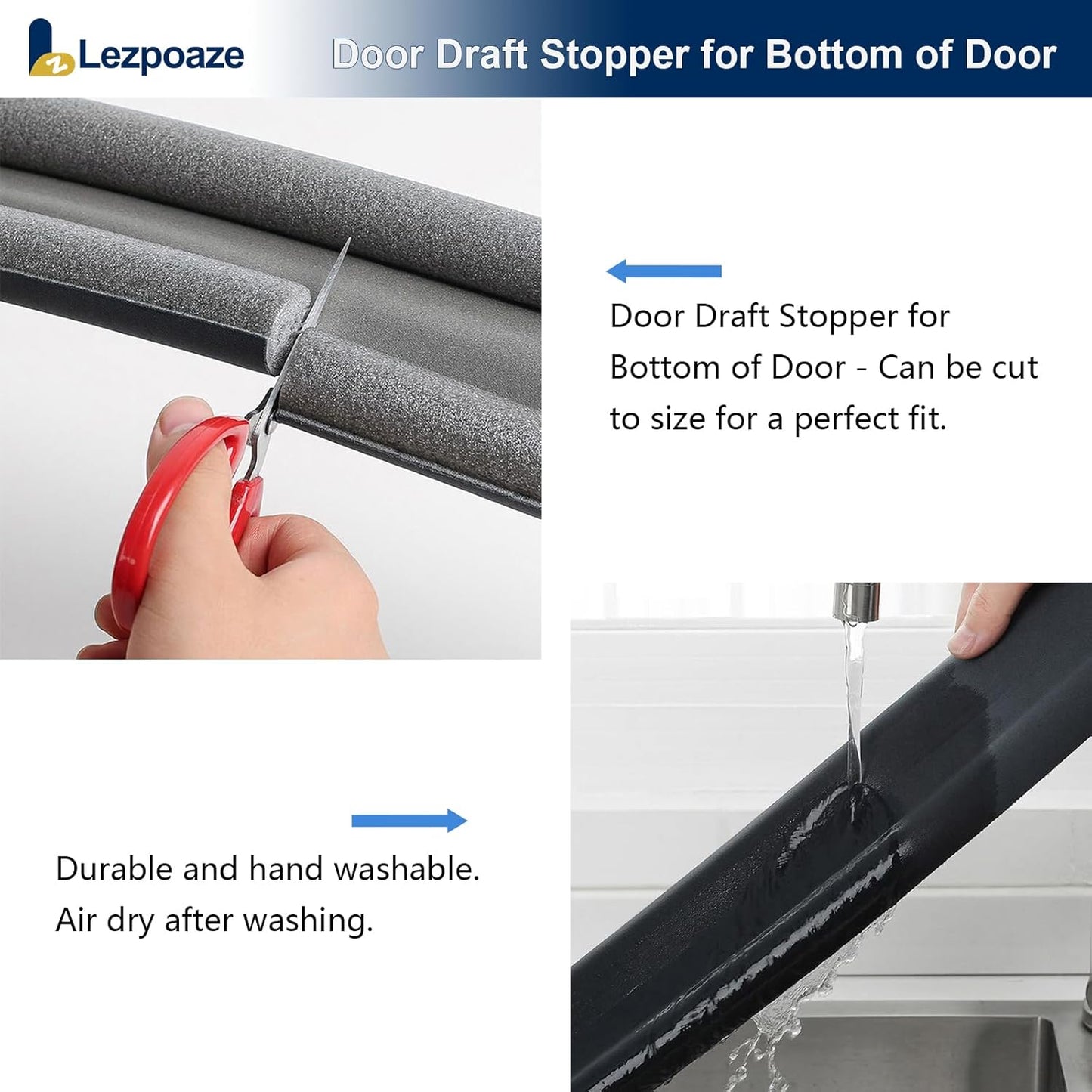 Door Draft Stopper for Bottom of Door - Adjustable Under Door Sweep, No Adhesive, Blocks Cold Air, Hot Air, Noise, Light & Bugs, Weather Stripping Gap Filler, Easy Install, 36" Length, Grey