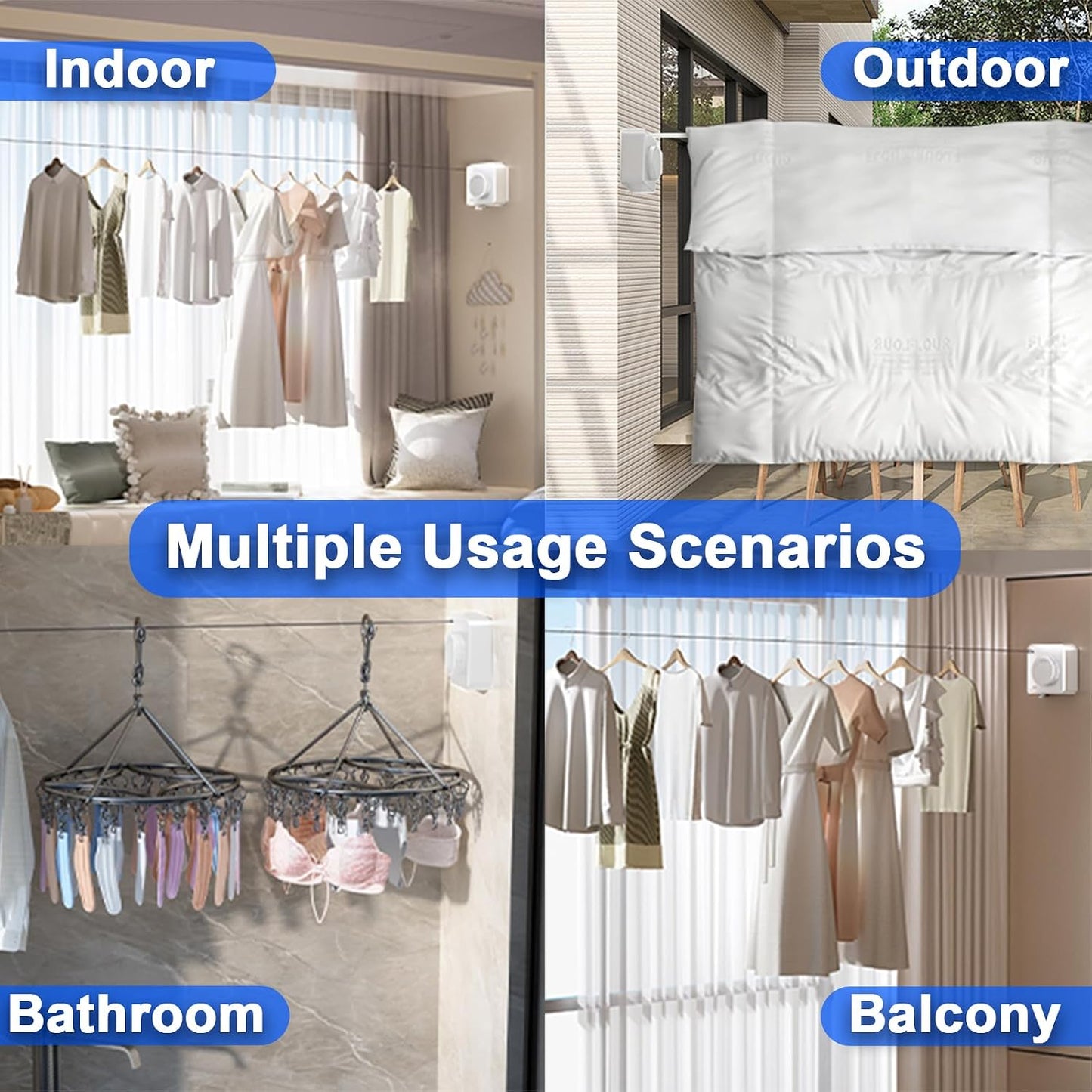 Retractable Clothesline Indoor & Outdoor, 16.2Ft Non-Sagging Stainless Steel Laundry Line with Wall Mounted Heavy Duty Design, Space-Saving Drying Rack for Bathroom, Balcony(1, White)