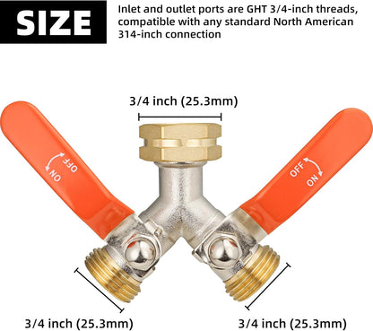 Hose Splitter 2 Way, Brass High Flow Garden Hose Splitter Heavy Duty, Hose Connector, Water Spigot Splitter, Full Flow Faucet Splitters with shutoff, 3/4” GHT Inlet