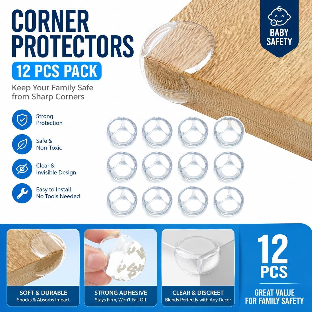 Corner Guard Baby Proofing 12 Packs - Clear Coerner Protectors with Strong Adhesive for Furniture, BPA Free, Soft PVC Edges Safety Bumpers for Tables, Cabinets, DESKS & Countertops