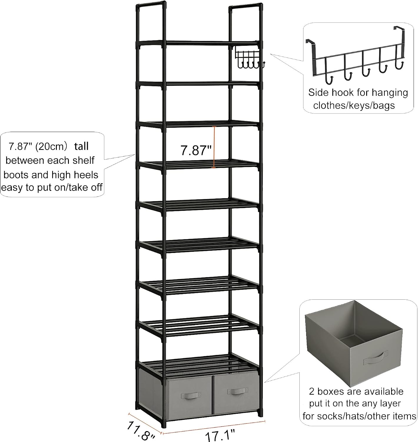 OYREL Tall Shoe Rack Narrow 10 Tier Shoes Rack 20 25 Pairs, Shoe Storage Organizer for Closet, Sturdy Metal Shoe Shelf Shoe Stand with 2 Boxes 1 Hook