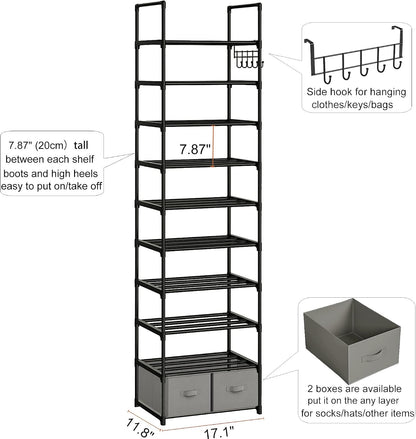 OYREL Tall Shoe Rack Narrow 10 Tier Shoes Rack 20 25 Pairs, Shoe Storage Organizer for Closet, Sturdy Metal Shoe Shelf Shoe Stand with 2 Boxes 1 Hook